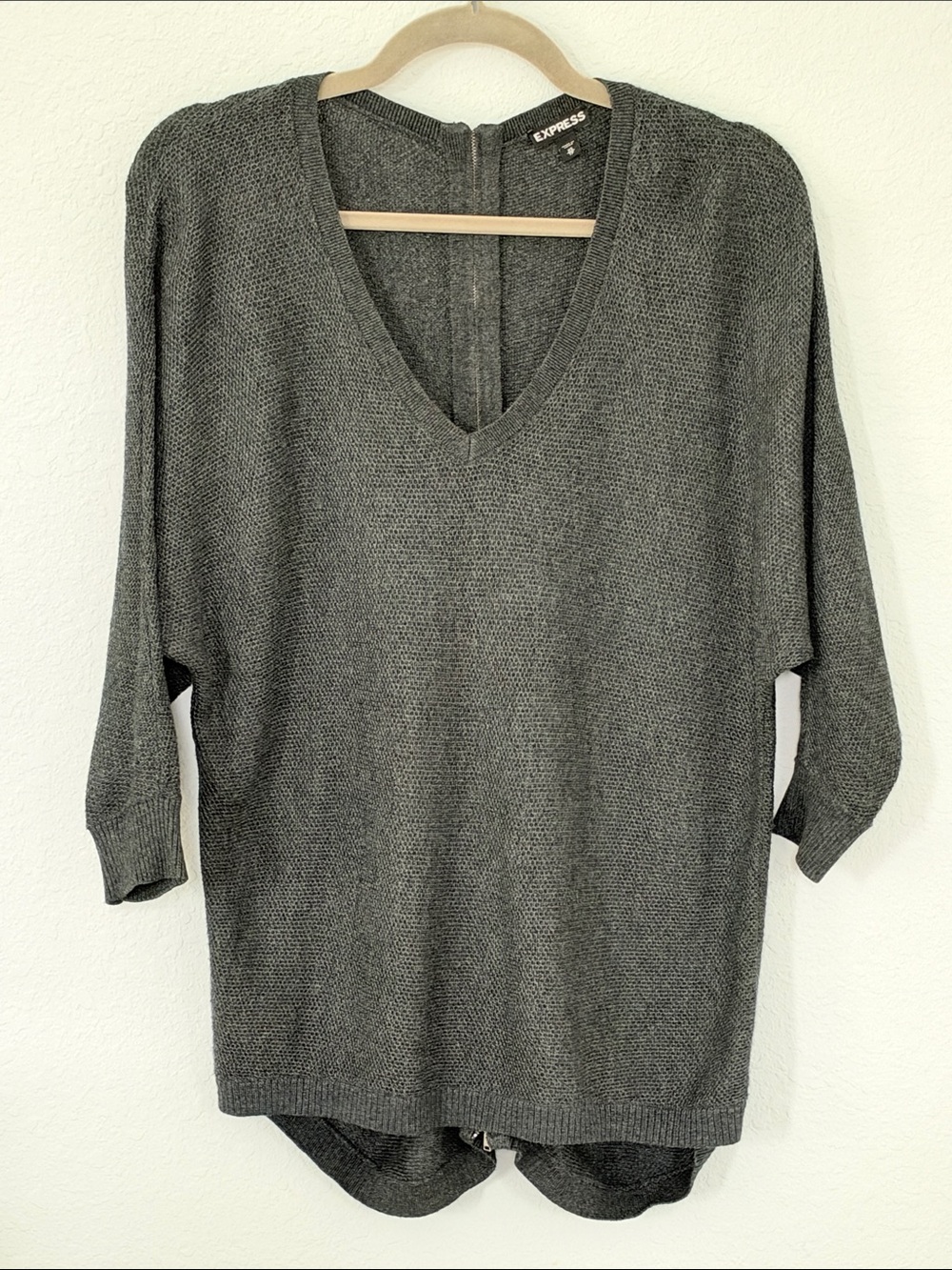 Express XS Gray Knit Sweater Top High Low Hem Full Back Zip Dolman Sleeve